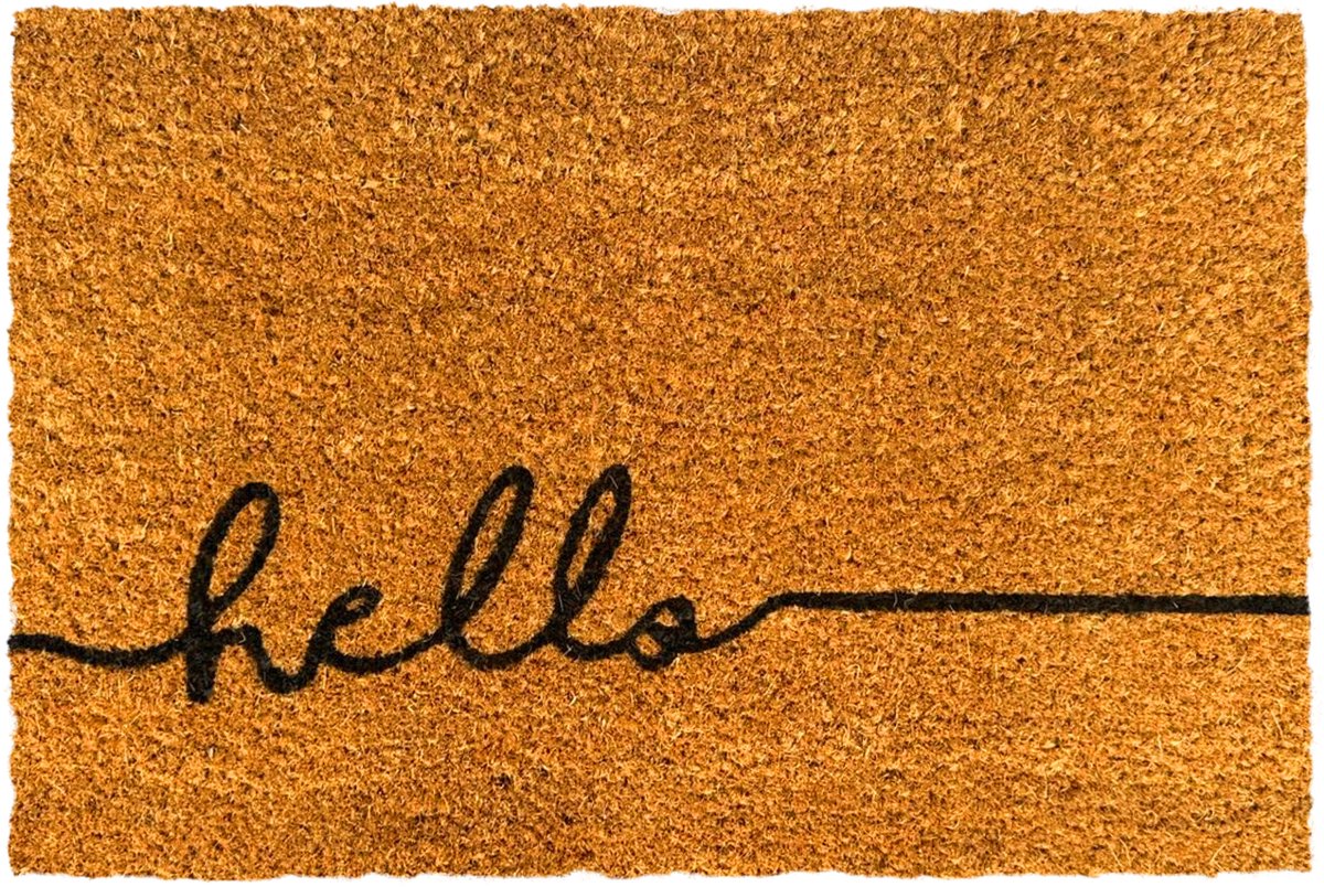 Deurmat kokos - hello - 60 x 40 cm - antislip - natuur-zwart