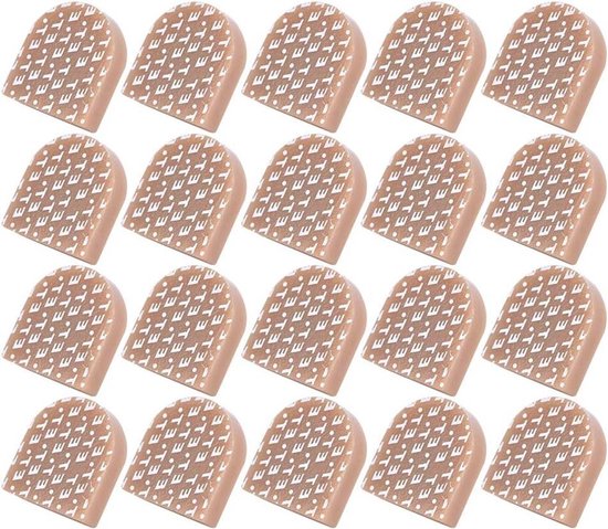 Een set van 20 beige hielvervangingsdoppen met een getextureerde onderkant voorzien van een herhalend T-patroon.