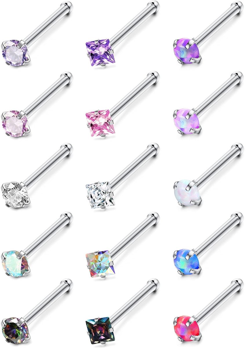Dailygoody - Neus Piercing - Hypoallergeen - 15 Stuks - Neus Stud - Voor Vrouwen en Mannen - L Vormig en I Vormig