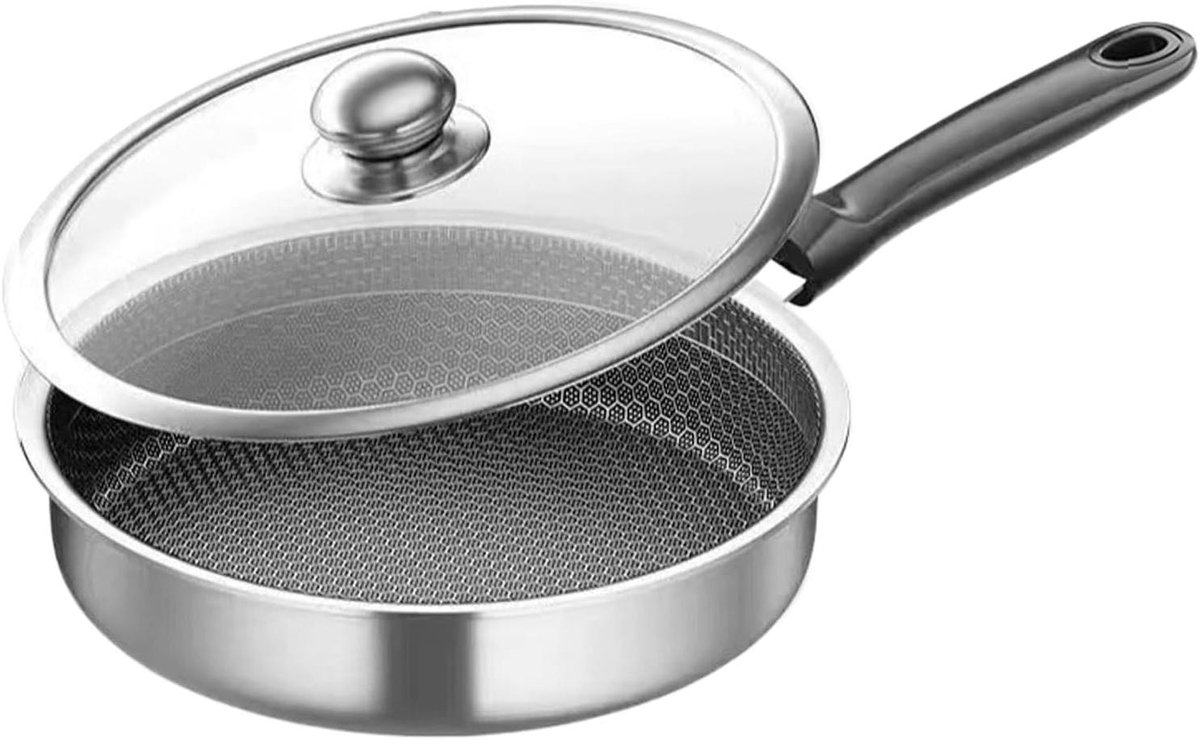 Bakpan met Deksel - Koekenpan Inductie - Gelijkmatig Koken - Vervormingsbestendig Staal - 30 cm - Zilver