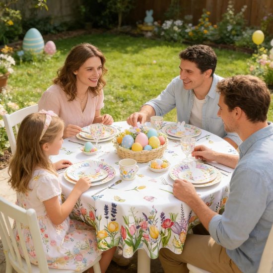 Nappe avec fleurs printanières et papillons, dressée pour un brunch de Pâques dans le jardin.