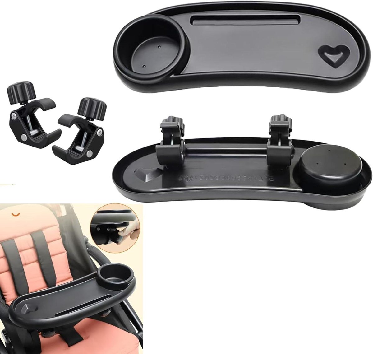 Kinderwagen Tray - Baby Organizer - Onderweg Eten - Drie-in-één Ontwerp - 38 x 14 cm - Zwart