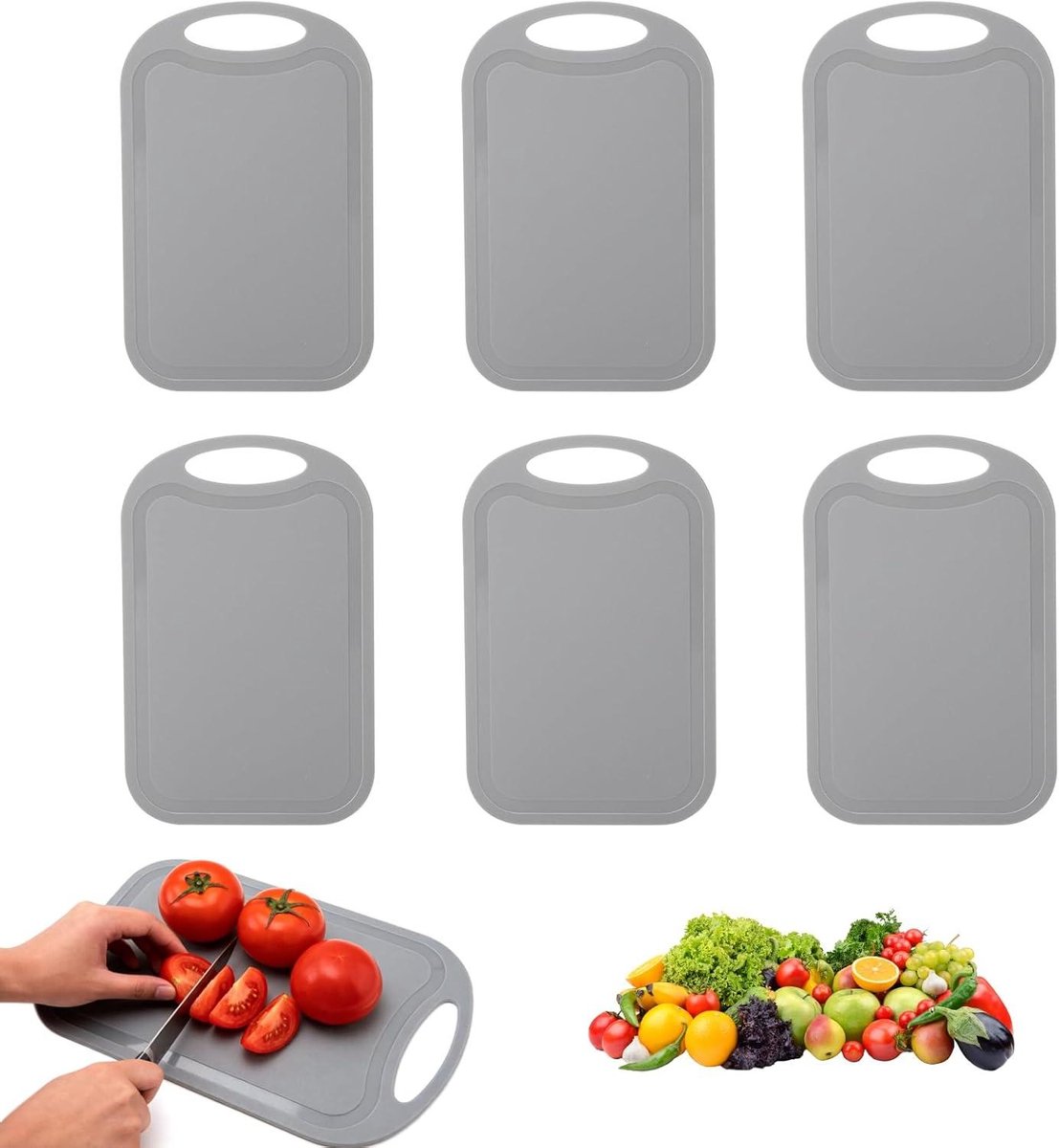 Mini snijplank set - Keukenplankjes plastic - Hygiënisch snijden - Met sapgeul - 6 stuks - Grijs