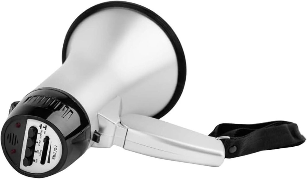 Megafoon met Sirene - Luidspreker Bullhorn - Publiek Toespraken - Opvouwbare Handgreep - 25 Watt - Zilver