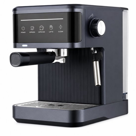 Zwarte espressomachine met aanraakscherm met iconen voor Power, Espresso, Cappuccino, Latte en Clean. Met draaiknop en melkopschuimer.