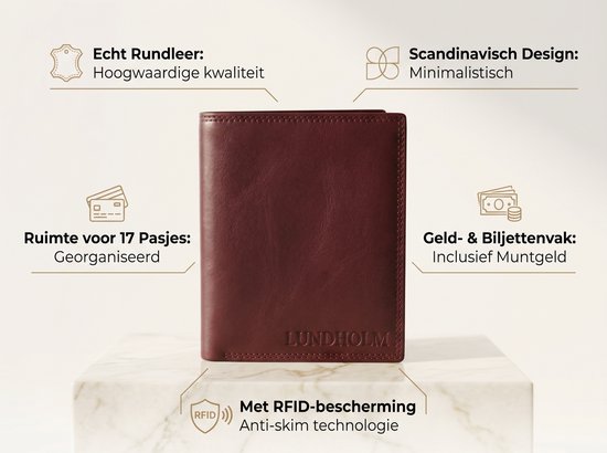 Lundholm portefeuille en cuir homme cuir nappa très souple modèle debout - modèle porte-billets marron avec protection anti-skim RFID | Cadeau pour mari | Hommes présente