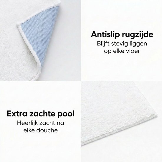 Collage: witte badmat, detail antislip onderkant, detail extra zachte pool.