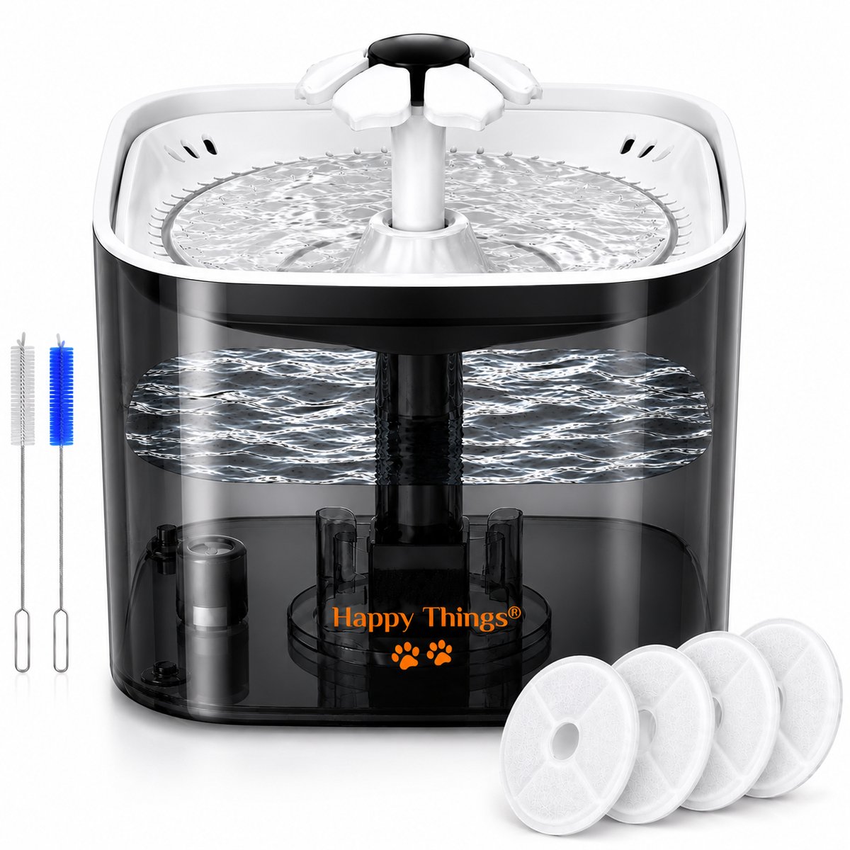 Bol.com Happy Things - Drinkfontein Hond en Kat - Geruisloos - 2.5 L - Transparant Zwart met Goud - incl 4 Filters aanbieding