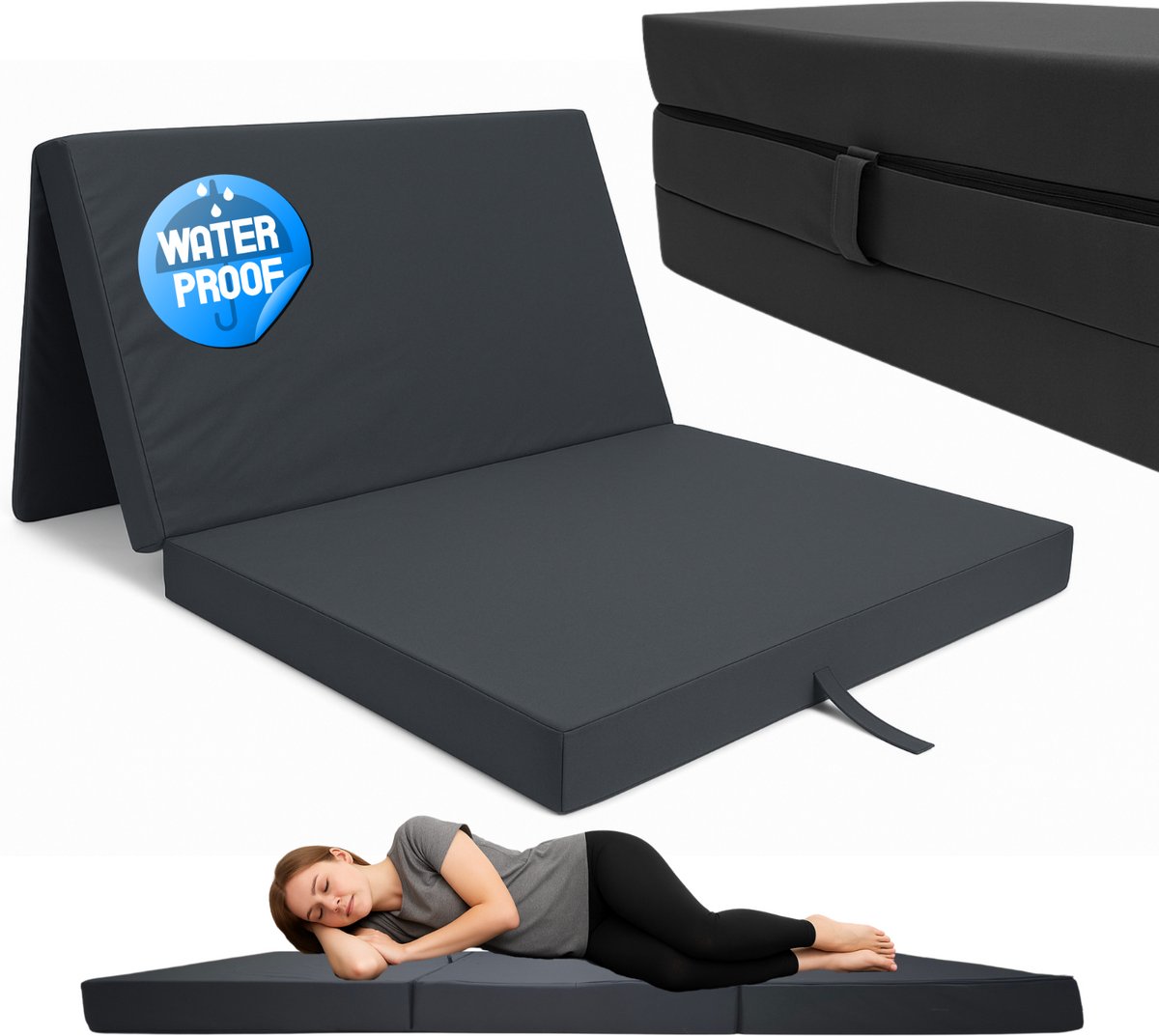 ODOL-PLUSZ Logeermatras 80x200x10 cm H3 – Waterafstotend Vouwmatras met Draagtas – Opvouwbaar Schuimmatras voor Camper en Logeerkamer – Grafiet