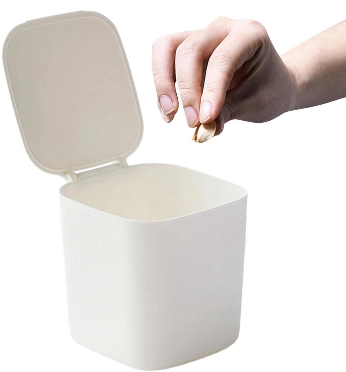 Mini Afvalbak - Bureau Prullenbak - Bureau Organiseren - Met Klapdeksel - 17 x 13 cm - Wit