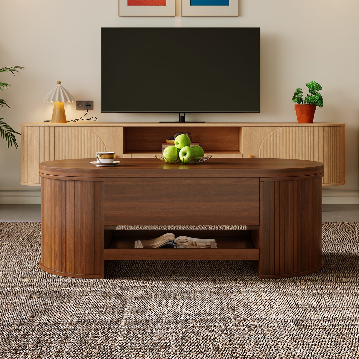 Adjustable Lift-Top Coffee Table — Featuring Curved Wooden Side Panels and Pull-Out Storage Shelf — Multifunctional Living Room Furniture — Natural Walnut Finish