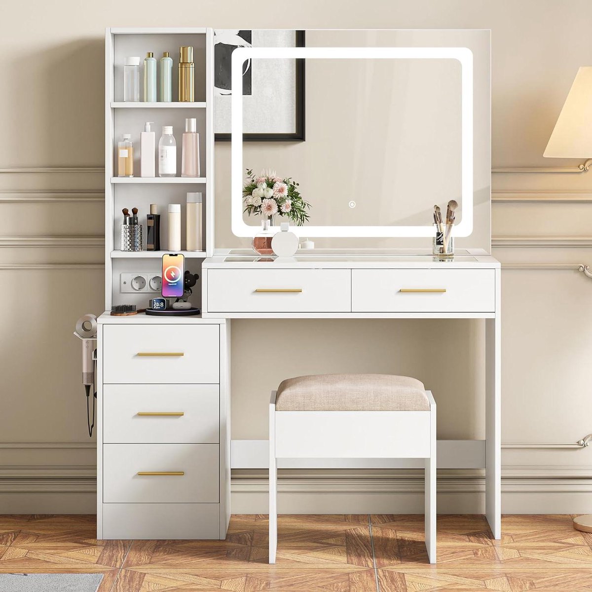 Kaptafel met Spiegel - Make-up tafel Kapset - Make-up aanbrengen - 3 Kleuren LED Spiegel