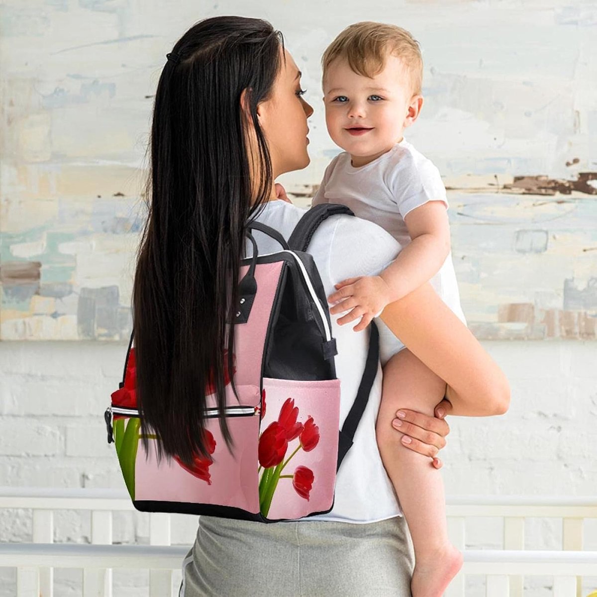 Luiertas Rugzak - Babytas Mummie Tas - Babyverzorging Thuis - Veelzijdig Gebruik - Grote Capaciteit - Bloem Rood – foto 3