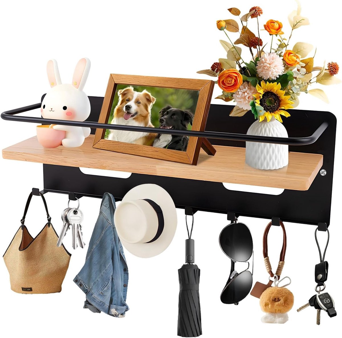 Sleutelkast met Plank en 8 Haakjes voor Sleutels - Decoratieve Wandhouder voor Entree, Woonkamer en Keuken - Ruimtebesparend Ontwerp in Zwart