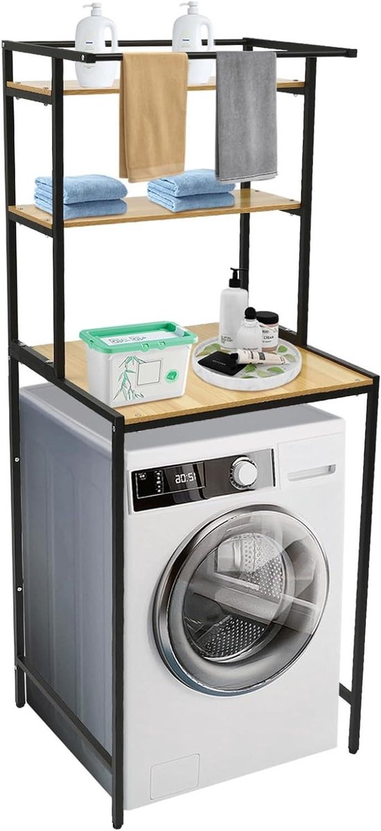 Wasmachinekast - Badkamerrek toilet - Opbergruimte creëren - Stabiele constructie - 69 x 60 x 176.5 cm - Zwart hout