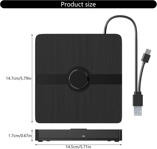 Externe dvd-brander en -lezer met USB 3.0- en USB-C-interface; dvd-speler geschikt voor laptops en desktops. — afbeelding 4