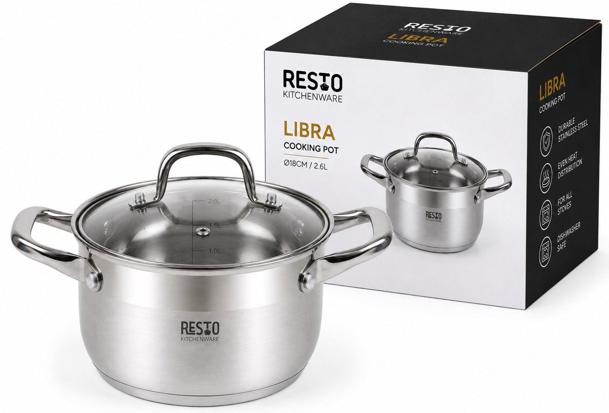 RESTO 92002 Libra Kookpan - 2.6 Liter - Rond Ø18 - Roestvrijstaal - Inductie - Braadpan met Glazen Deksel