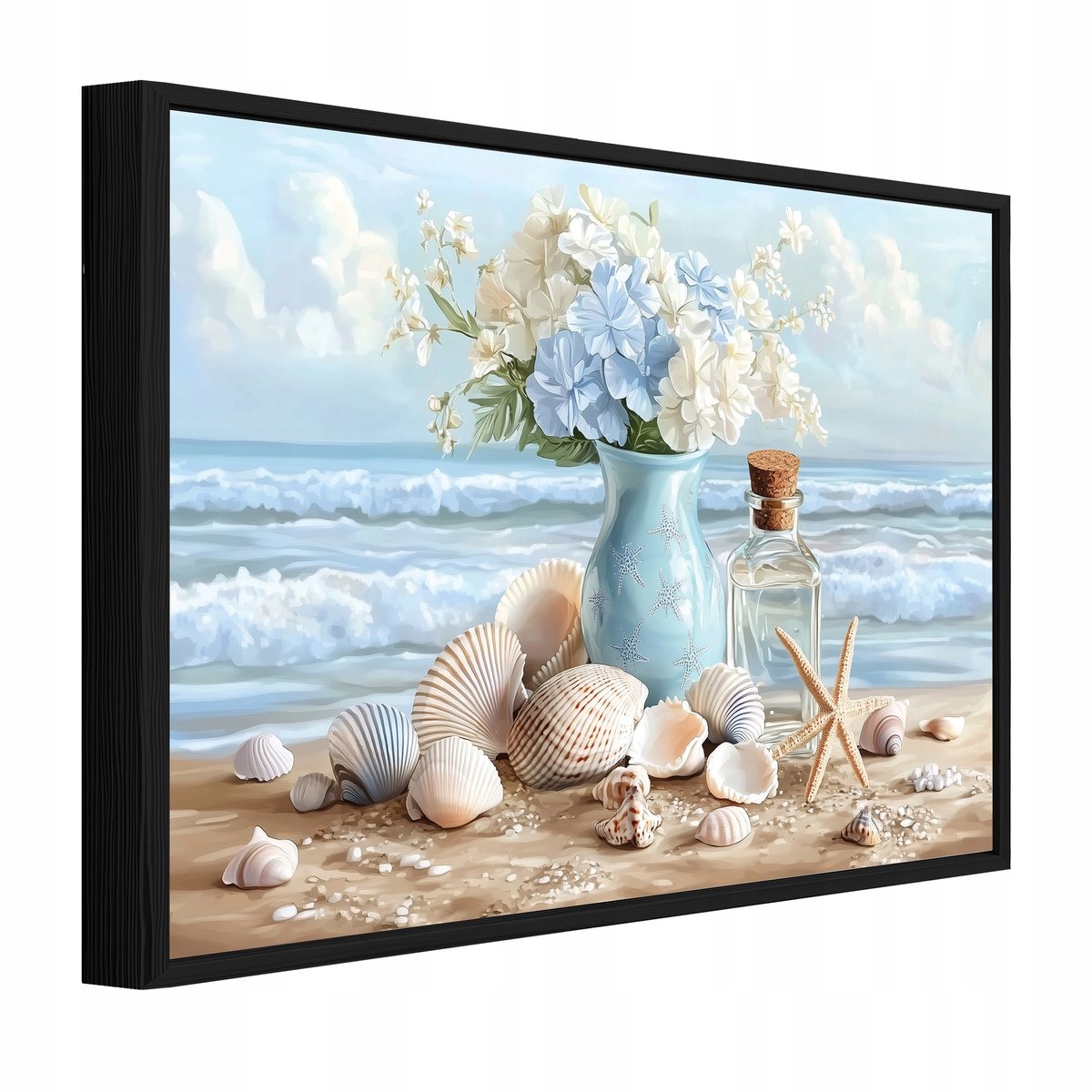 WALLARENA Schilderij op canvas in zwarte lijst - 60x40 cm - bloemenvaas aan zee - bloemen wanddecoratie voor woonkamer en slaapkamer Veelkleurig