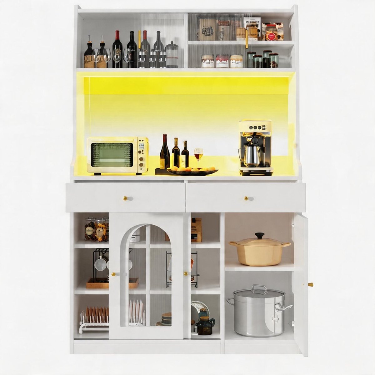Komhtom - Keukenkast en hoge vitrinekast - Buffetkast met verstelbare planken - Eetkamerkast met 2 lades - Dressoir met LED-verlichting en variabele lichtkleuren - Wit