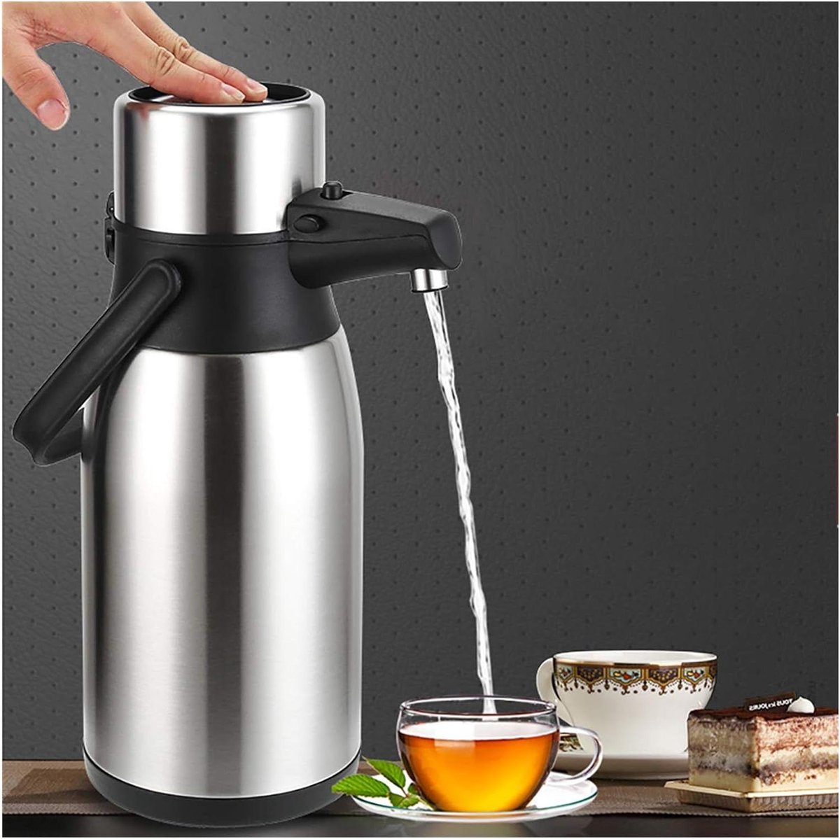 Thermoskan met pomp - Koffie karaf - Dranken warm houden - Dubbelwandig vacuüm - 2.5 liter - Zilver