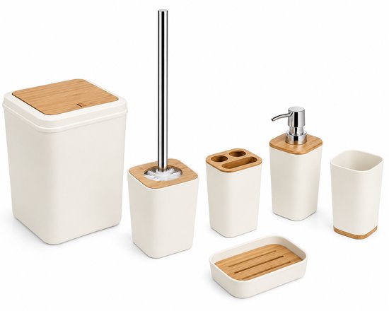 6-Delige Badkamerset Crème met Bamboe – Luxe Badkamer Accessoires Set met Zeepdispenser, Toiletborstel, Tandenborstelhouder, Zeepbakje & Afvalbak