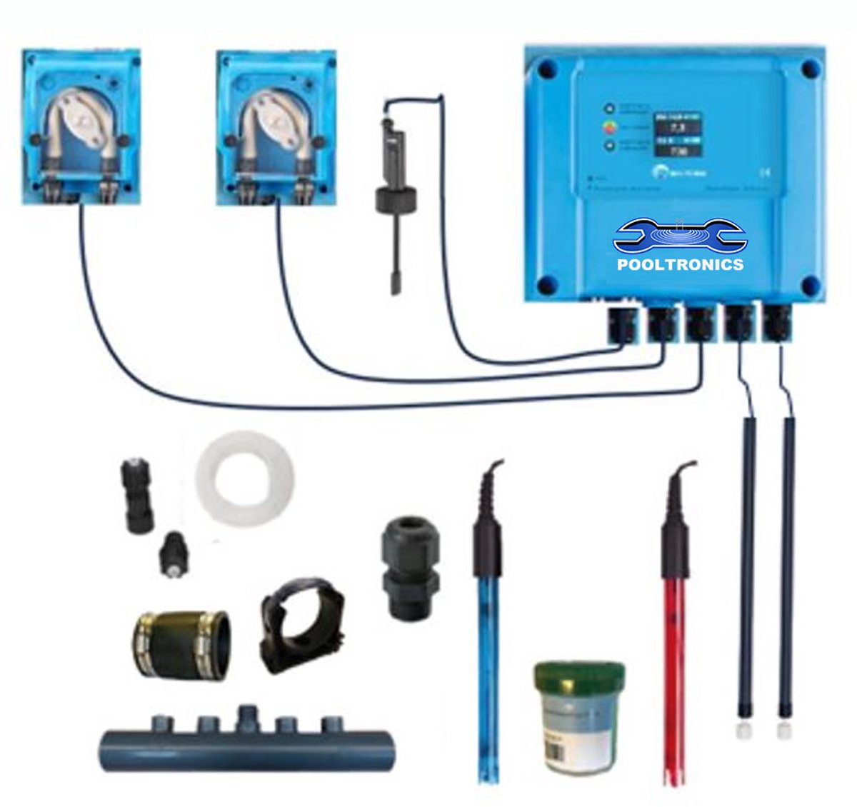POOLTRONICS Automatisch pH & Chloor Doseersysteem Zwembad DISPLAY – Zwembad Waterbehandeling – pH Redox Controller – Automatische Dosering – Zelfbouwpakket Met Flow Switch / Level Switch