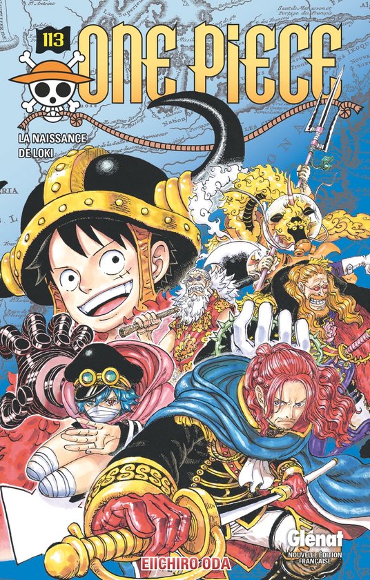 Couverture de livre avec des personnages d'anime : Monkey D. Luffy au premier plan, portant un casque, et d'autres personnages en arrière-plan. Titre : One Piece 113.