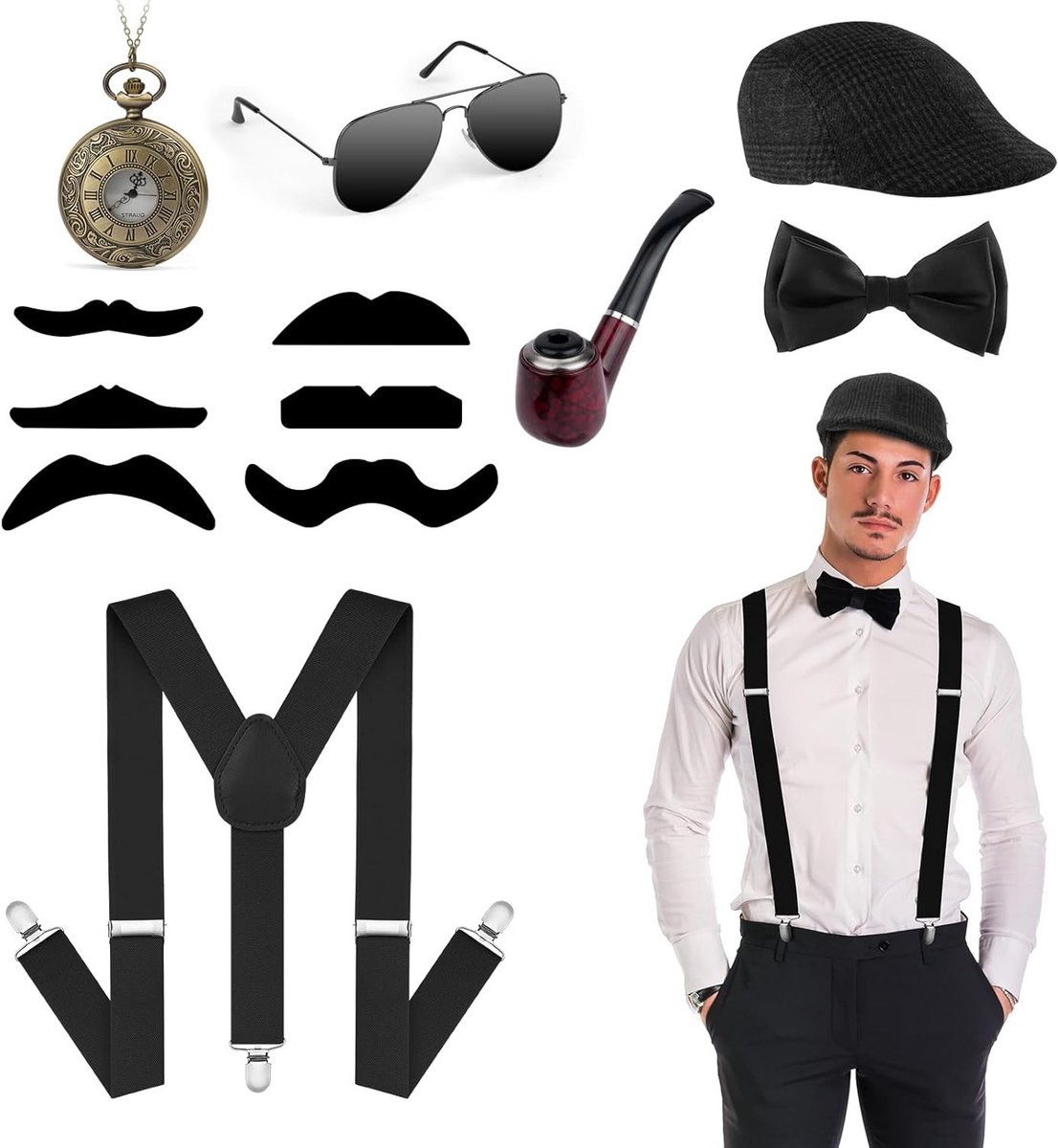 Accessoires voor een 1920s Great Gatsby Gangster Kostuum voor Mannen met Hoed, Zakhorloge en Bril voor Carnaval