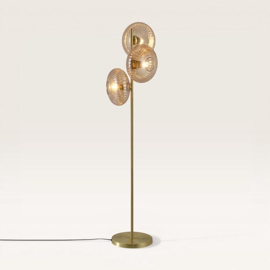 Lusenz - Virello - Gouden Staande lamp Metaal 150 cm - 3 bollen - Klassiek Vintage Design - Retro - Woonkamer lamp - E27 fitting - Amberkleurig glas - Met voetschakelaar