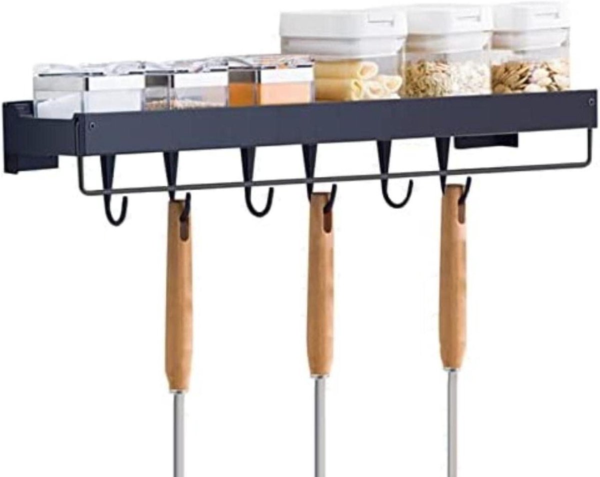Wandmontage Keukenrek - Magnetron Plank - Keuken Opbergen - Met Haken - 50cm - Zwart