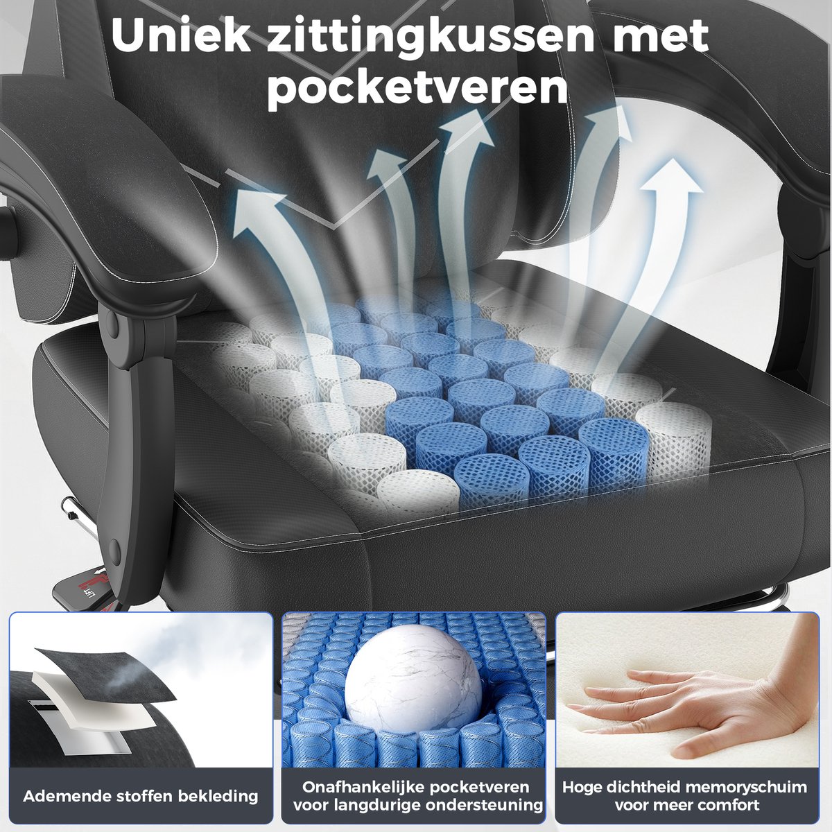 Devoko Game Stoel - Ergonomische Gamestoel - Unieke zijde - katoen stof - Individuele veerkern - Gaming chair met Uitschuifbare Voetensteun-Bureaustoel met hoofdsteun en lendensteun- 150 kg - Zwart – foto 4