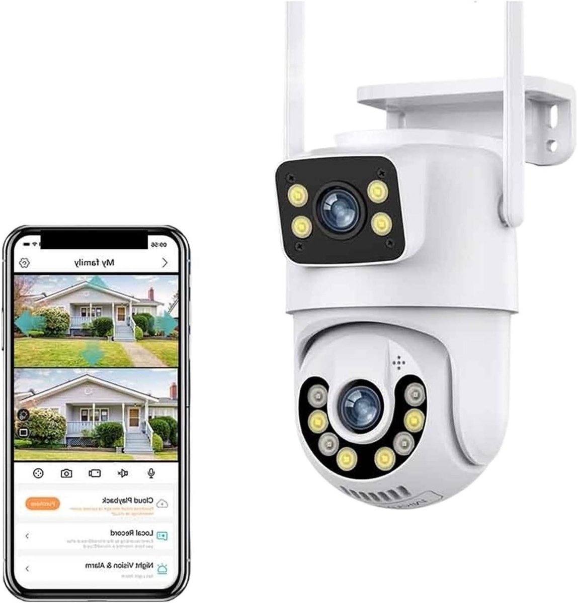 Beveiligingscamera Buiten - WIFI Camera - Huisbewaking - Dubbele Lens - 4K HD - Zwart