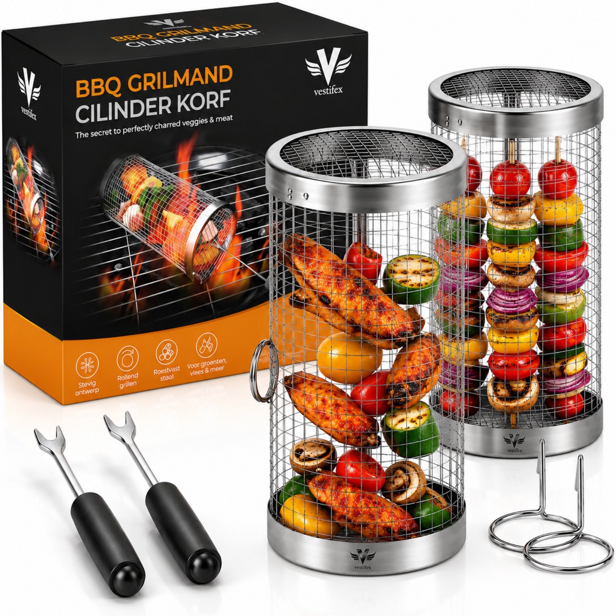 Vestifex® BBQ Grilmand (2-Pack) - Barbeque Gereedschap - RVS Grilrooster - Outdoor Grill Rooster - Camping & Tuin - Inclusief Accessoires & Tangen