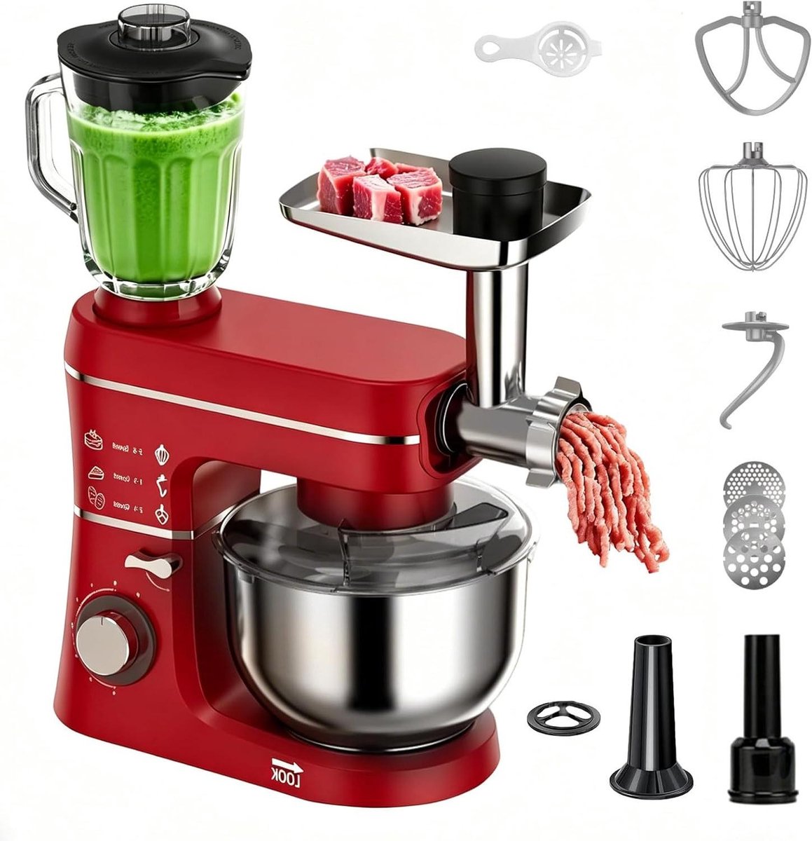 Keukenmixer - Mixer Keukenapparaat - Deeg Kneden - 5-in-1 Multifunctioneel - 10 Liter - Rood