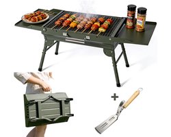 KHYR® CARRYFIRE BBQ Grill – NIEUW mei 2026 - Opvouwbare Draagbare Houtskool BBQ Grill – Portable Camping Barbecue – Tafel Barbeque - Draagbare Grill met Zijtafels – 45 x 30 cm Grilloppervlak – Voor Camping, Tuin, Outdoor BBQ - incl. Grijp spatel
