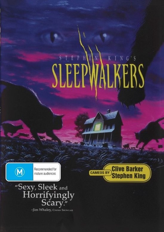 Stephen King's Sleepwalkers filmposter met katten, een huis en grote ogen tegen een paarse zonsondergang. "Sexy, Sleek and Horrifyingly Scary."