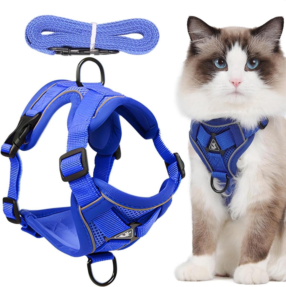Kattenharnas met Riem - Harnas voor katten - Veilig wandelen - Anti-vlucht ontwerp - X-Large - Blauw
