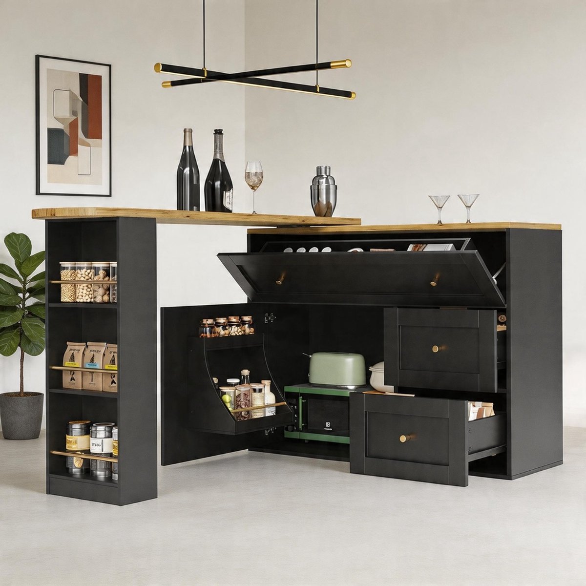 KOMHTOM Uitschuifbare bartafel met opbergruimte - 138-204×39×105 cm - Keukenkast en dressoir met snackplank - Telescopische statafel, bistrotafel en keukeneiland - Zwart