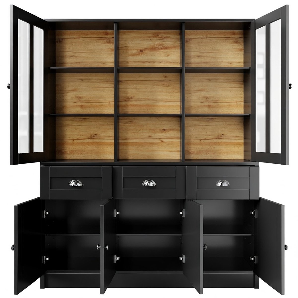 Komhtom - Moderne hoge kast voor woonkamer - 140×38,5×175 cm - Vitrinekast, keukenkast en eetkamerkast met lades - Minimalistische staande vitrinekast - Zwart