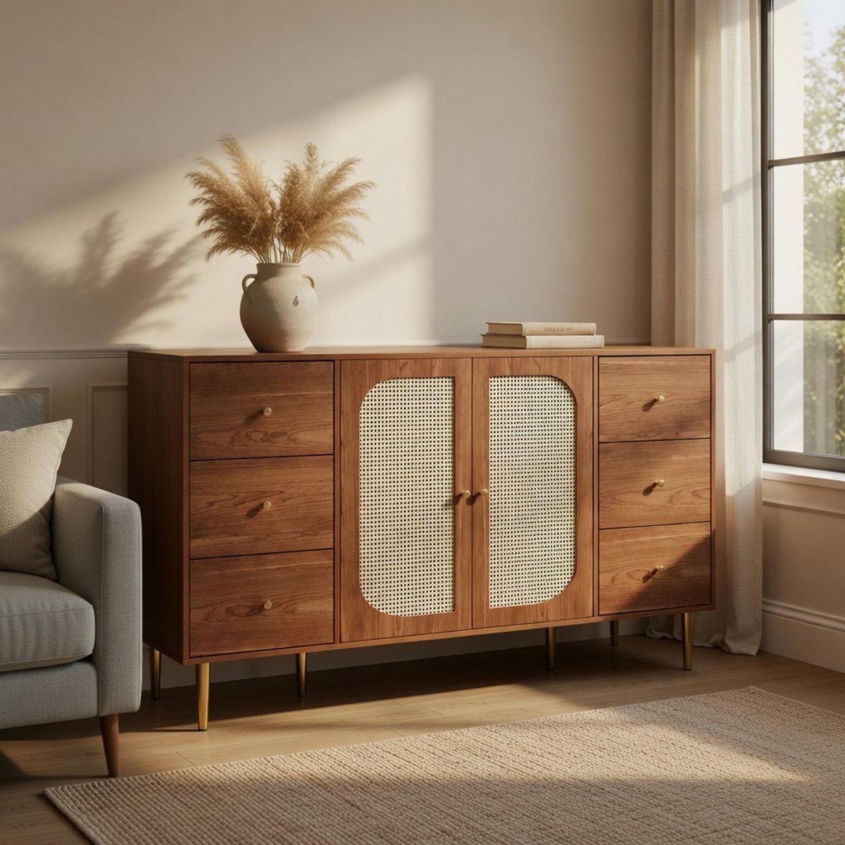 KOMHTOM - Rotan dressoir - Opbergkast met lade - Vrijstaande houten kast - Geschikt voor keuken thuis woonkamer - 160x40x90 cm - Bruin