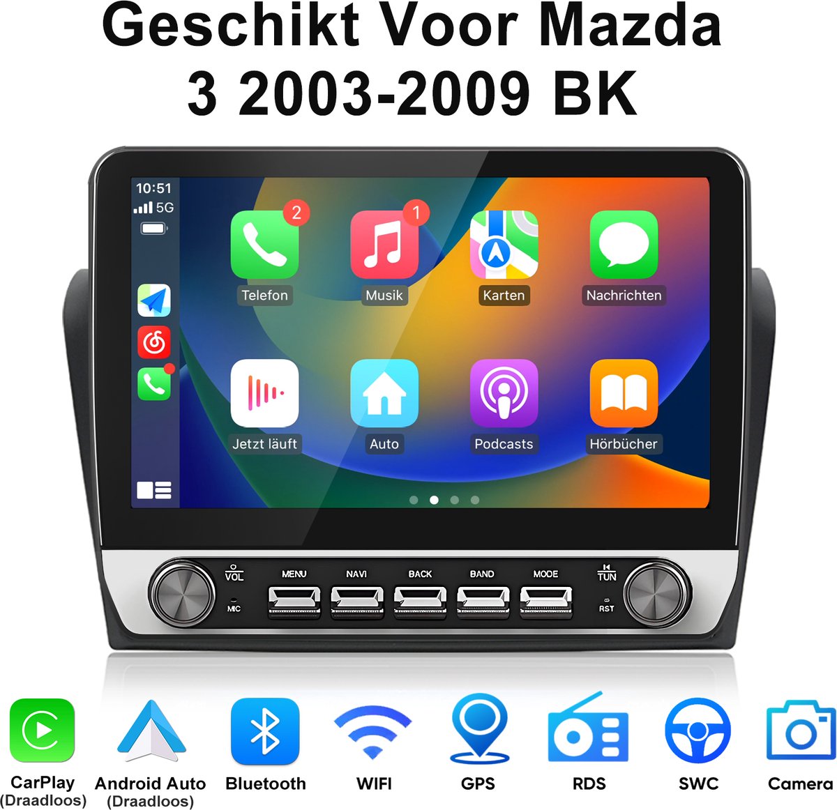 Junsun Android 15 Autoradio Geschikt Voor Mazda 3 2003-2009 BK Accessoires, 2GB+64GB, Draadloze CarPlay & Andriod Auto, DAB+, GPS-Navigatiesystem, Bluetooth, WiFi, USB, RDS, 10.1-inch HD Touchscreen, DSP, SWC, Quad-core processor
