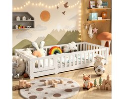 Montessori Kinderbed met deur, Eenpersoonsbed 90x200 cm, met valbeveiliging en lattenbodem, massief grenen, zonder matras, Wit
