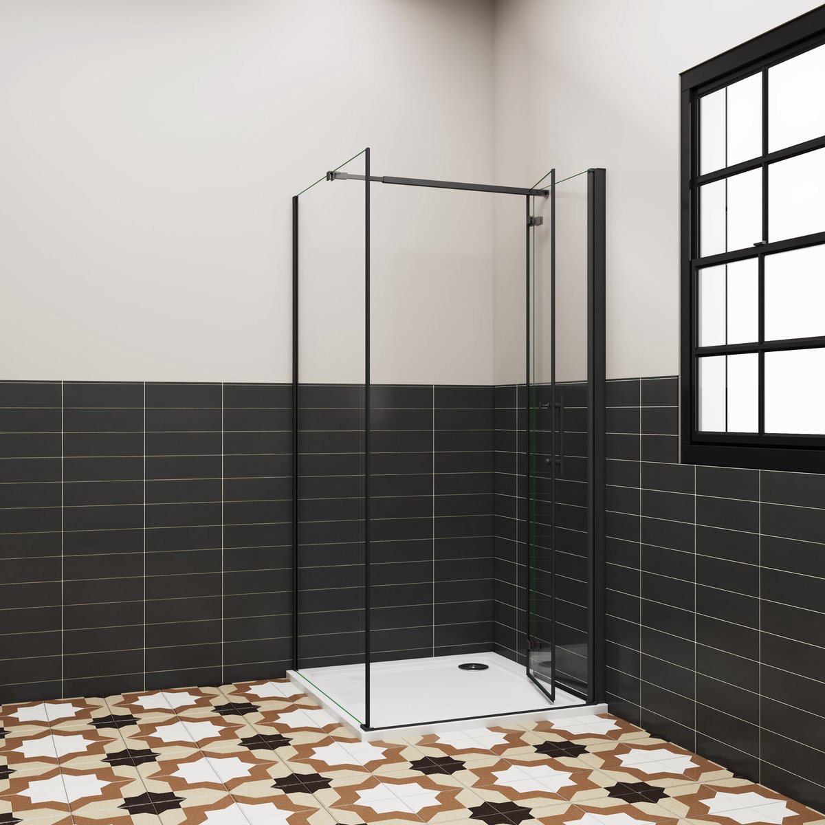 Aica douchecabine 80x76x185cm vouwdeur en vaste zijwand 6mm helder EasyClean veiligheidsglas mat zwarte aluminium frame stabilisatiestang 73-120 cm incl. douchebak