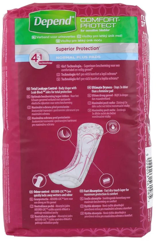 Achterkant van 'Depend COMFORT-PROTECT Normal Plus Pads'. Toont verband, 4-in-1 technologie, absorptie-info.