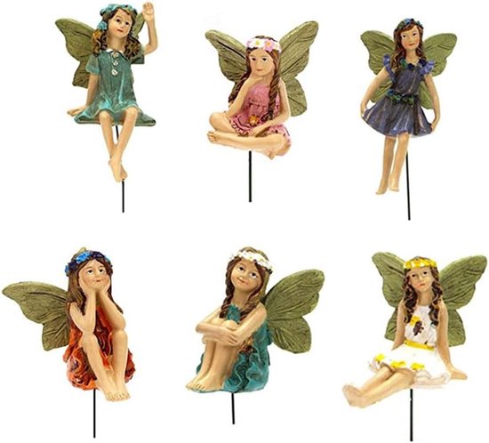 Set van 6 Tuinelfen Beeldjes, Decoratieve Bloemelfen Ornamenten, Miniatuur Houten Tuinaccessoires voor Buitenruimte