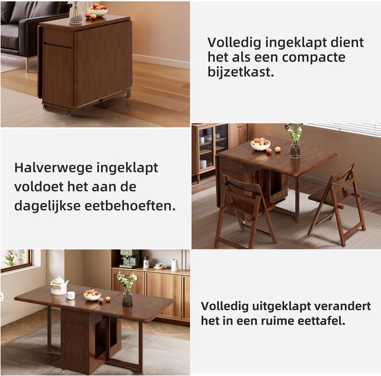 Collage van een bruine, inklapbare eettafel in drie standen: volledig ingeklapt, half ingeklapt en volledig uitgevouwen.