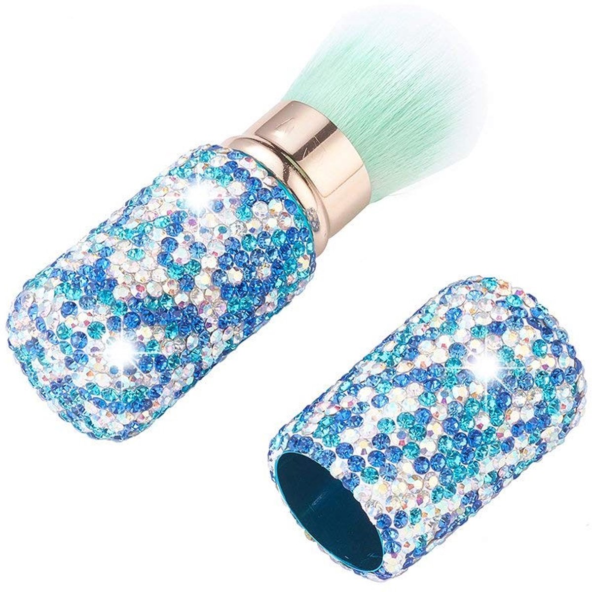 Dailygoody - Intrekbare kwast - Make-upkwast met strass - Uniek design - Blauw - Gezichtskwast - Cosmetica - Perfect voor reizen - Klein formaat
