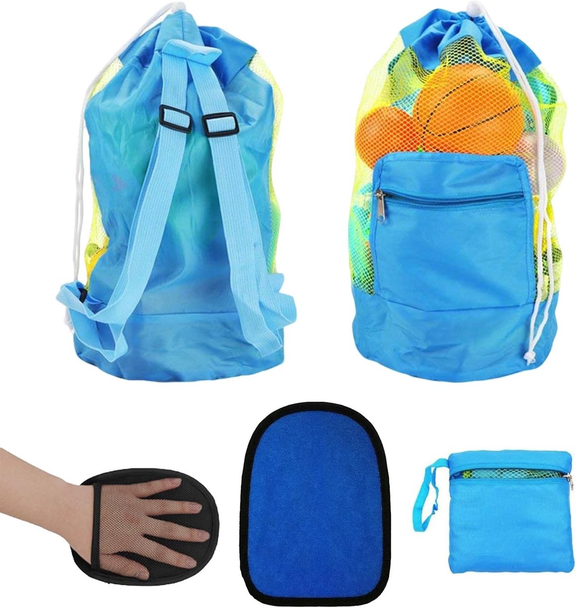 Grote opvouwbare strandtas voor kinderen, ideaal voor strandspeelgoed, zandspeelgoed en accessoires, blauw, 48 x 24 cm, draagbaar en mesh