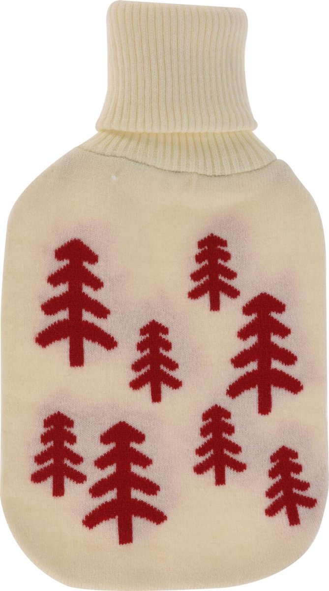 Dailygoody - OmGoods - Dailygoody - Warmwaterkruik - Knuffelwarmte - 33 cm - Ecru/Rood - Wintermotief - Ideaal voor koude dagen - 1 liter