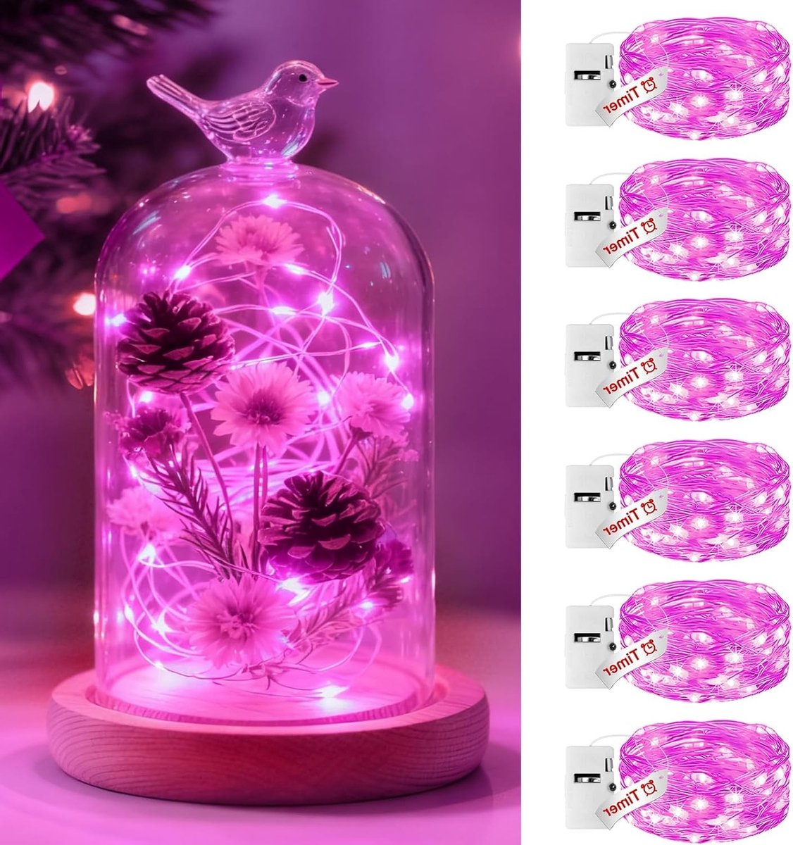 6 Stuks 3 Modi LED Sfeerverlichting met Timerfunctie, 2 Meter 20 LED Fairy Lights op Batterij voor Feesten, Kerst en DIY Projecten, Roze Decoratie
